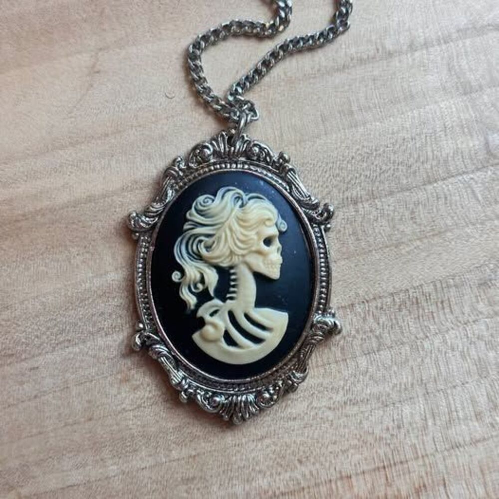 Gothic Skeleton Lady Cameo Necklace Perfect for Halloween!